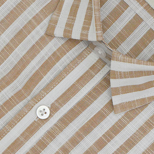 Men's Cotton Linen Awning Striped Half Sleeves Shirt (Brown) FSH700519_3