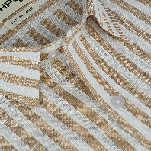 Men's Cotton Linen Awning Striped Half Sleeves Shirt (Brown) FSH700519_4