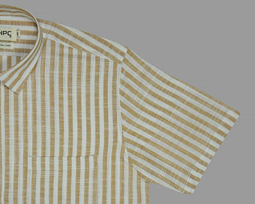 Men's Cotton Linen Awning Striped Half Sleeves Shirt (Brown) FSH700519_5