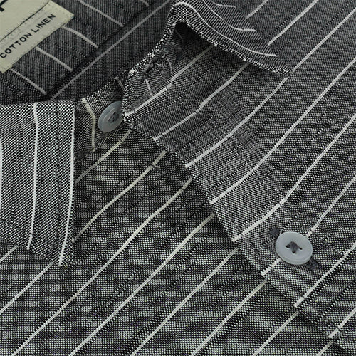 Men's Cotton Linen Wide By Pin Horizontal Striped Half Sleeves Shirt (Black) FSH700602_4