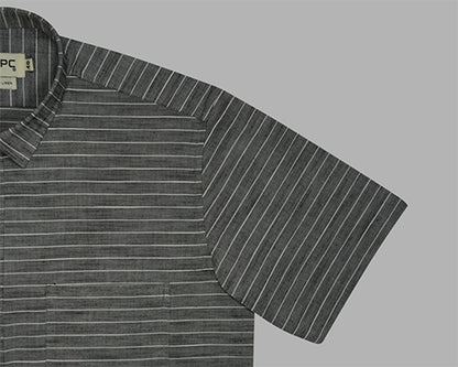 Men's Cotton Linen Wide By Pin Horizontal Striped Half Sleeves Shirt (Black) FSH700602_5