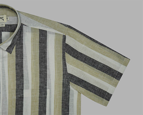 Men's Cotton Linen Blocked Striped Half Sleeves Shirt (Yellow) FSH700810_5
