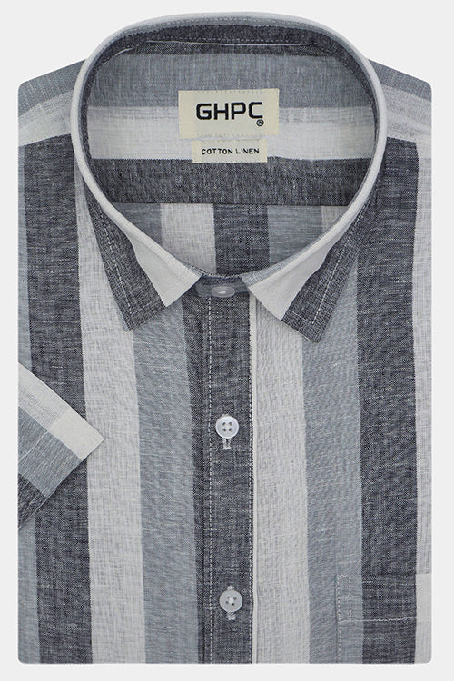 Men's Cotton Linen Blocked Striped Half Sleeves Shirt (Misty Blue) FSH700869_1