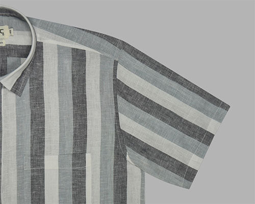 Men's Cotton Linen Blocked Striped Half Sleeves Shirt (Misty Blue) FSH700869_5