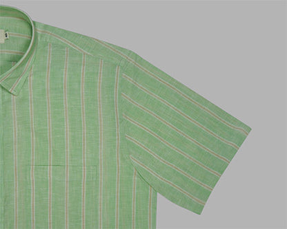 Men's Cotton Linen Balance Striped Half Sleeves Shirt (Pistachio Green) FSH700916_5