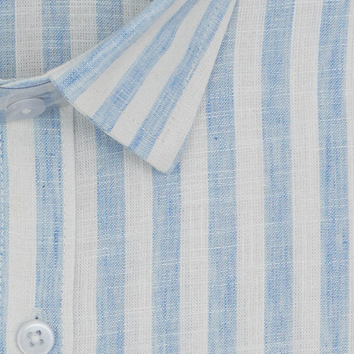 Men's Cotton Linen Awning Striped Half Sleeves Shirt (Blue) FSH701247_2