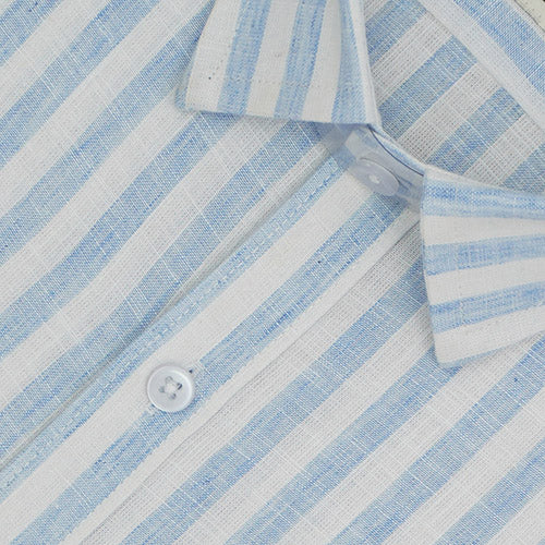Men's Cotton Linen Awning Striped Half Sleeves Shirt (Blue) FSH701247_3
