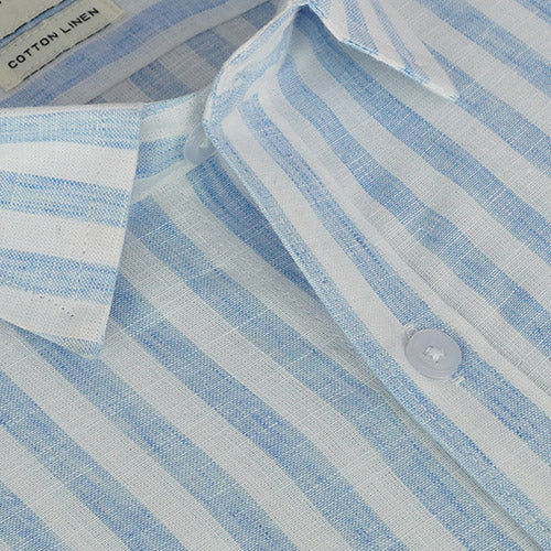 Men's Cotton Linen Awning Striped Half Sleeves Shirt (Blue) FSH701247_4