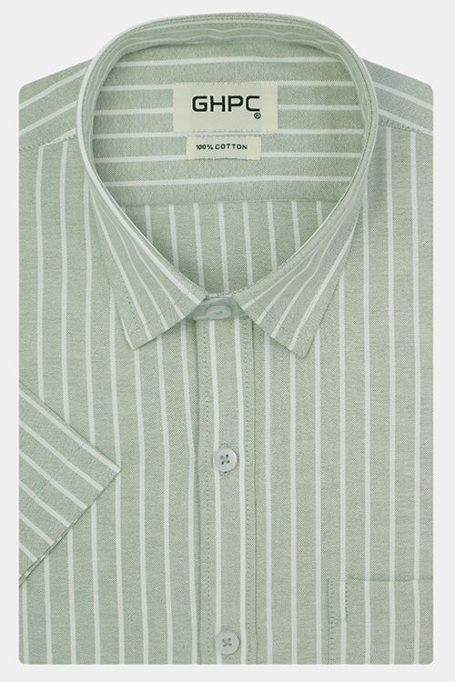Men's 100% Cotton Chalk Striped Half Sleeves Shirt (Pistachio Green)