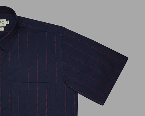 Men's 100% Cotton Chalk Striped Half Sleeves Shirt (Navy) FSH800203_5