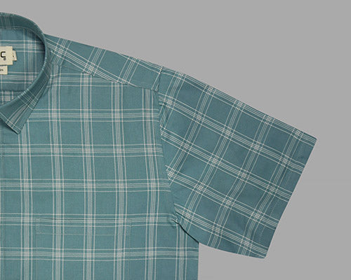 Men's 100% Cotton Windowpane Checkered Half Sleeves Shirt (Sea Green) FSH802214_5