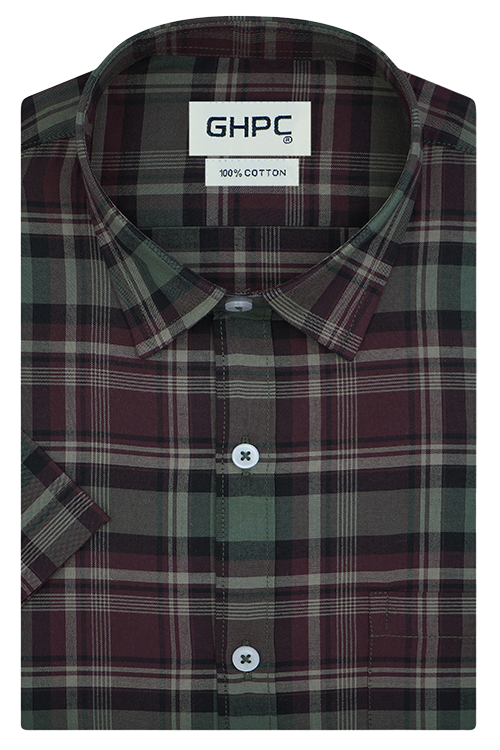 Men's 100% Cotton Plaid Checks Half Sleeves Shirt (Maroon)