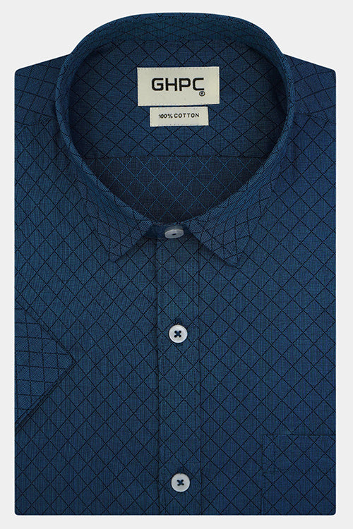 Men's 100% Cotton Chevron Half Sleeves Shirt (Teal) FSH803048_1