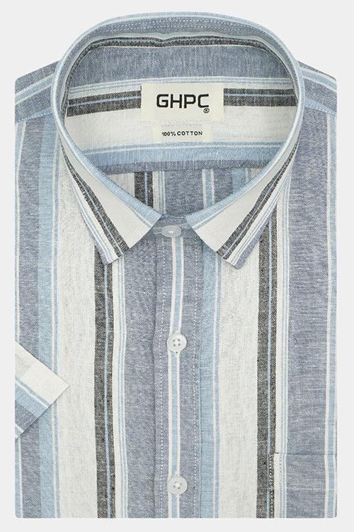 Men's 100% Cotton Balance Striped Half Sleeves Shirt (Blue)