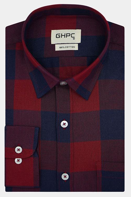 Men's 100% Cotton Big / Buffalo Checkered Full Sleeves Shirt (Red)