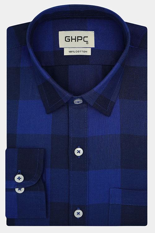 Men's 100% Cotton Big / Buffalo Checkered Full Sleeves Shirt (Royal Blue)