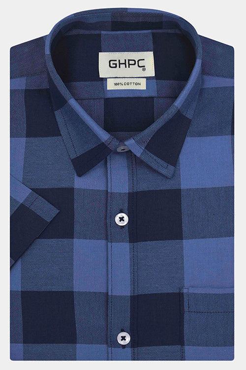 Men's 100% Cotton Big / Buffalo Checkered Half Sleeves Shirt (Blue)