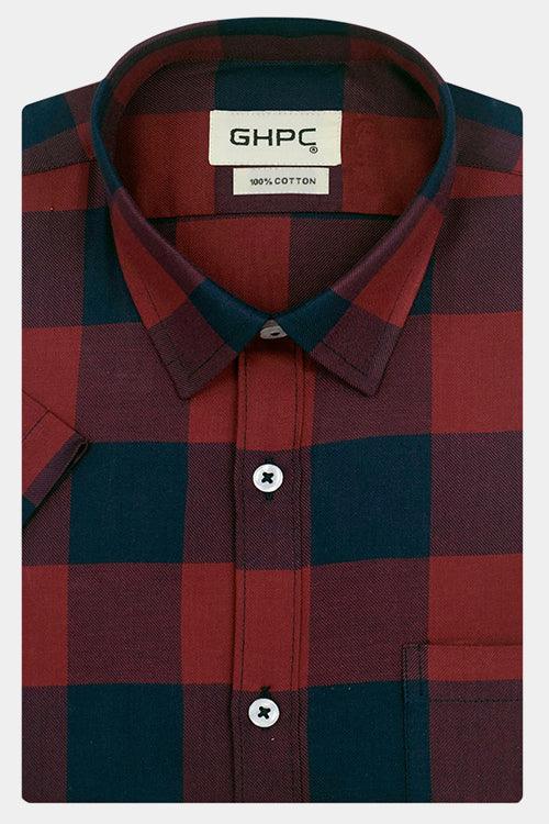 Men's 100% Cotton Big / Buffalo Checkered Half Sleeves Shirt (Red)