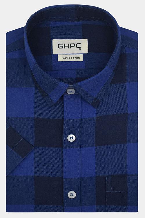 Men's 100% Cotton Big / Buffalo Checkered Half Sleeves Shirt (Royal Blue)