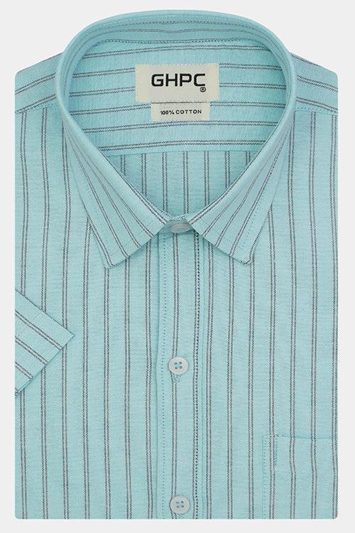 Men's 100% Cotton Chalk Striped Half Sleeves Shirt (Aqua)