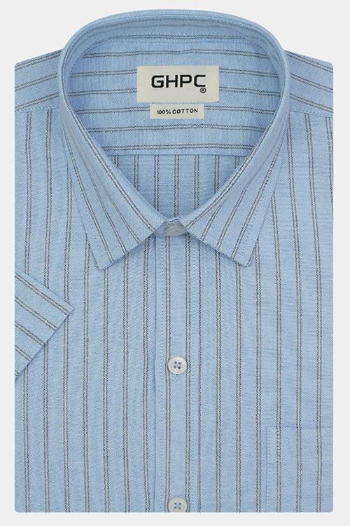 Men's 100% Cotton Chalk Striped Half Sleeves Shirt (Blue)