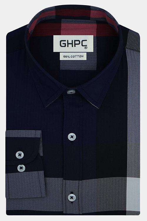 Men's 100% Cotton Checkered Full Sleeves Shirt (Navy)