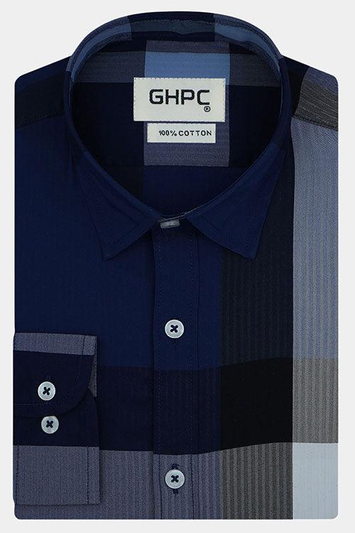 Men's 100% Cotton Checkered Full Sleeves Shirt (Navy)