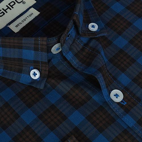 Men's 100% Cotton Dupplin Checkered Full Sleeves Shirt (Blue)