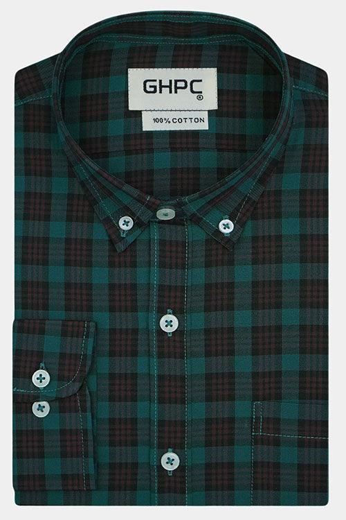Men's 100% Cotton Dupplin Checkered Full Sleeves Shirt (Green)
