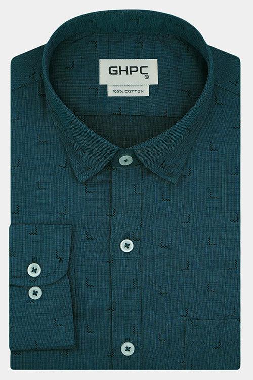 Men's 100% Cotton Geometric Self Design Full Sleeves Shirt (Teal)
