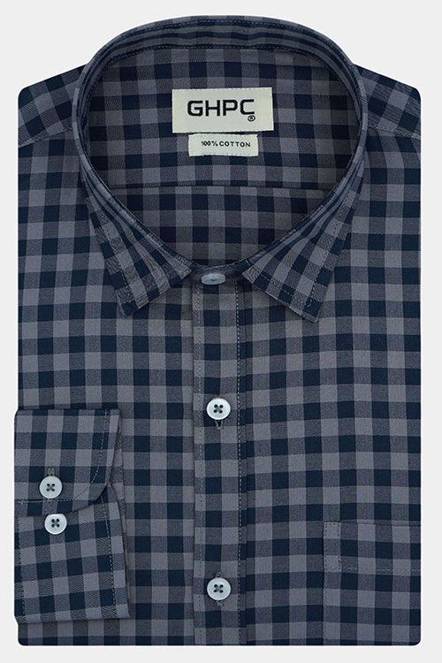 Men's 100% Cotton Gingham Checkered Full Sleeves Shirt (Steel Grey)