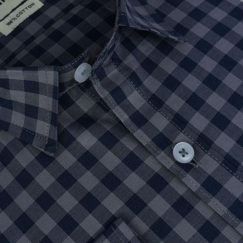 Men's 100% Cotton Gingham Checkered Full Sleeves Shirt (Steel Grey)