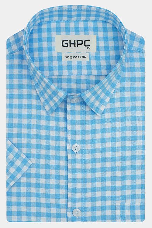 Men's 100% Cotton Gingham Checkered Half Sleeves Shirt (Blue)