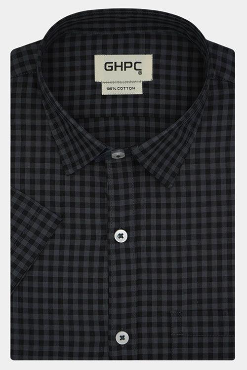 Men's 100% Cotton Gingham Checkered Half Sleeves Shirt (Grey)