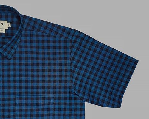 Men's 100% Cotton Gingham Checkered Half Sleeves Shirt (Sky Blue)