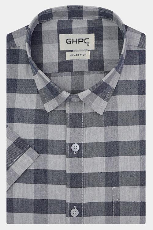 Men's 100% Cotton Gingham Checks Half Sleeves Shirt (Blue)