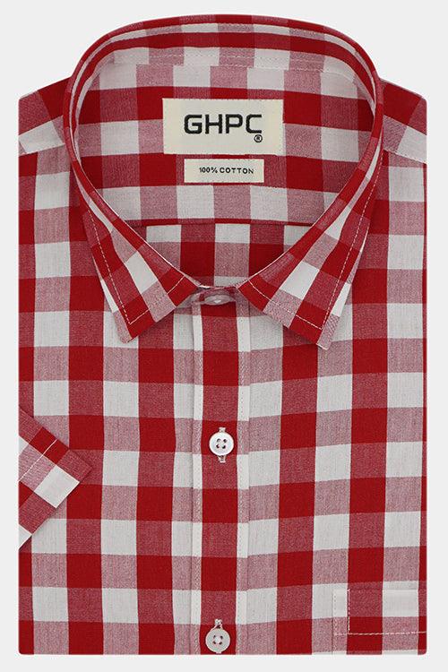 Men's 100% Cotton Gingham Checks Half Sleeves Shirt (Red)