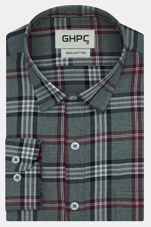Men's 100% Cotton Grid Tattersall Checkered Full Sleeves Shirt (Grey)