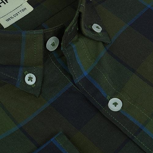 Men's 100% Cotton Grid Tattersall Checkered Full Sleeves Shirt (Olive Green)