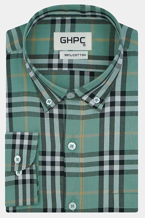 Men's 100% Cotton Grid Tattersall Checkered Full Sleeves Shirt (Pista Green)