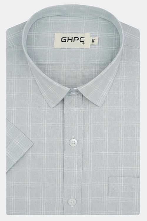 Men's 100% Cotton Grid Tattersall Checkered Half Sleeves Shirt (Grey)
