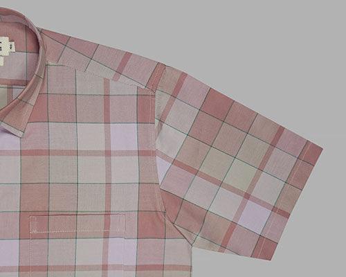 Men's 100% Cotton Grid Tattersall Checkered Half Sleeves Shirt (Peach)