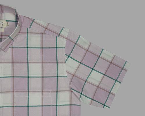 Men's 100% Cotton Grid Tattersall Checkered Half Sleeves Shirt (Pink)