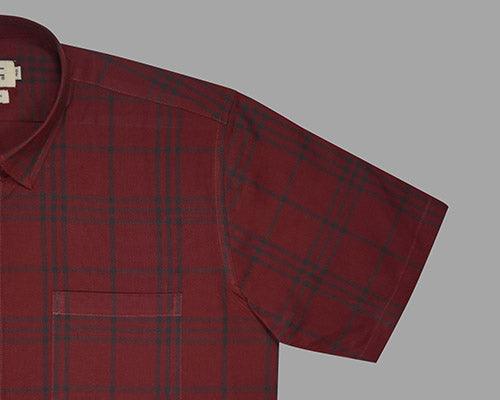 Men's 100% Cotton Grid Tattersall Checkered Half Sleeves Shirt (Red)