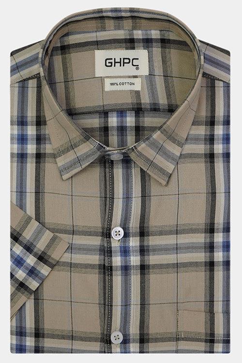 Men's 100% Cotton Grid Tattersall Checks Half Sleeves Shirt (Khaki)