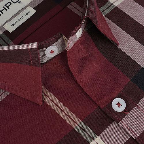 Men's 100% Cotton Grid Tattersall Checks Half Sleeves Shirt (Maroon)