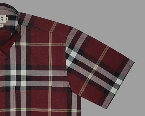 Men's 100% Cotton Grid Tattersall Checks Half Sleeves Shirt (Maroon)