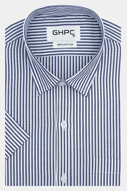Men's 100% Cotton Hickory Striped Half Sleeves Shirt (Navy)
