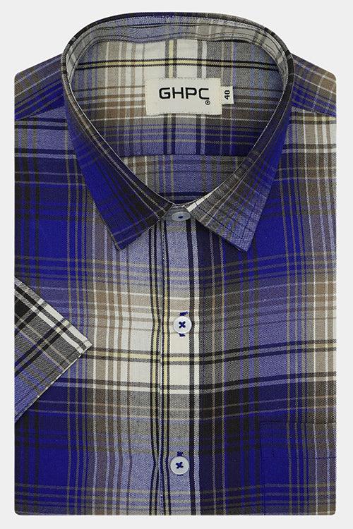 Men's 100% Cotton Madras Checkered Half Sleeves Shirt (Blue)