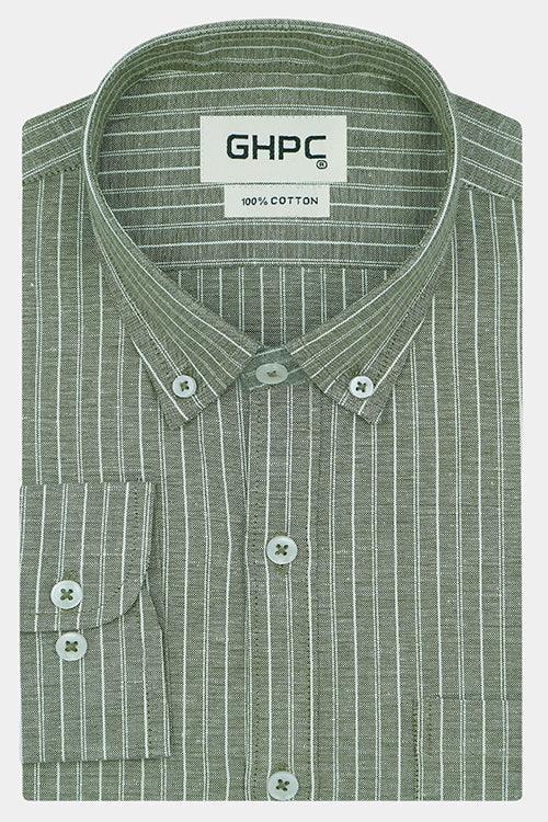 Men's 100% Cotton Pin Striped Full Sleeves Shirt (Olive)